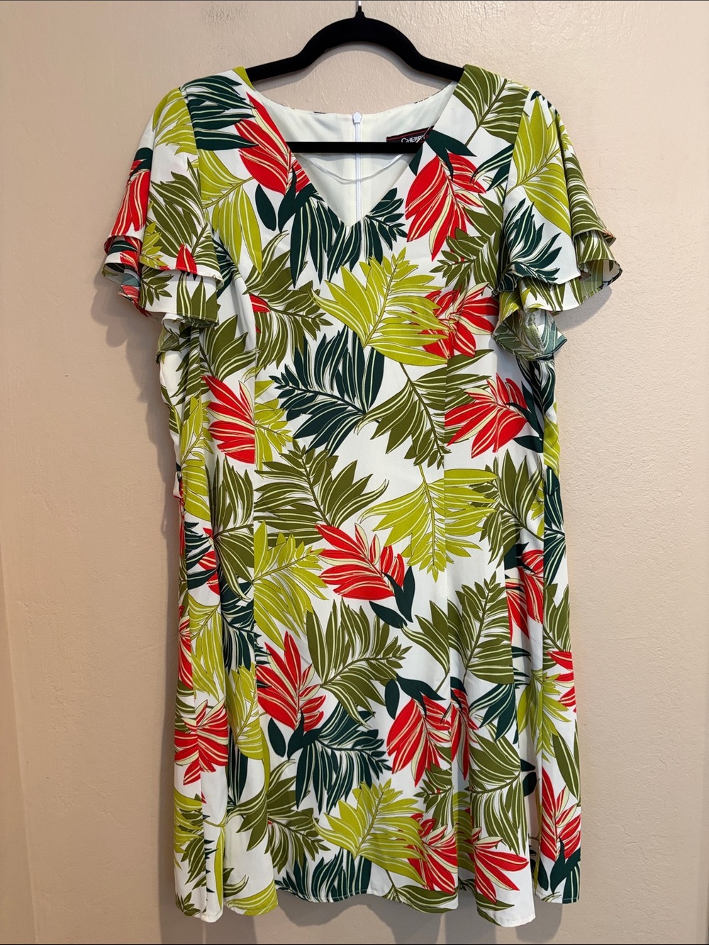 Vibrant Green & Red Tropical Leaf Fit & Flare Midi Dress, V-neck, Flowy & Fun